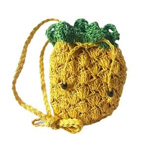 Handmade Woven Straw Yellow Pineapple Drawstring Cinch Crossbody Purse Bag - NEW